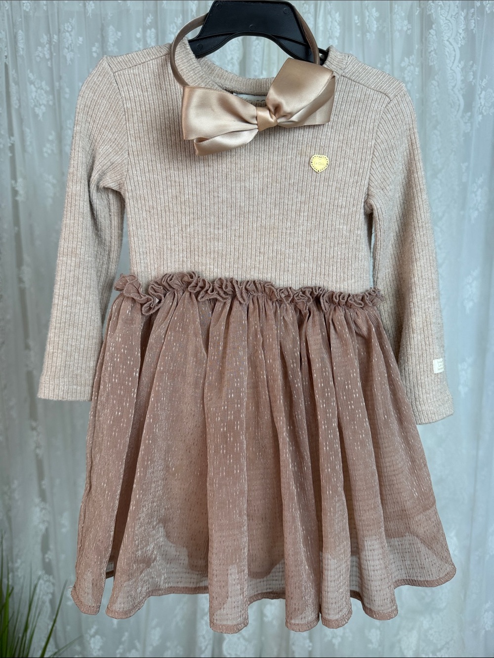 Le Chic Girls' Shimmery Taupe Knit & Tulle Dress with Matching Bow
